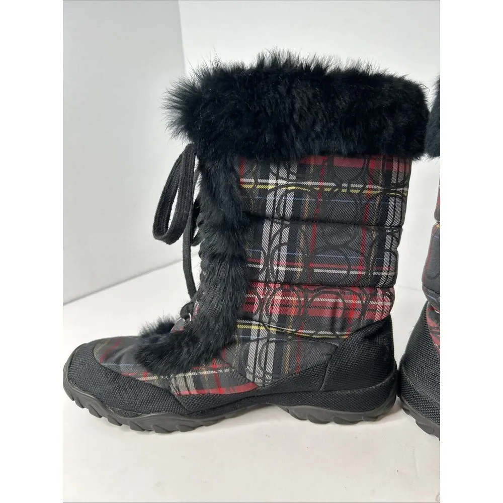 Coach Jennie Signature Rabbit Fur Black & Red Plaid Boots RARE‎ Size 9.5 EUC